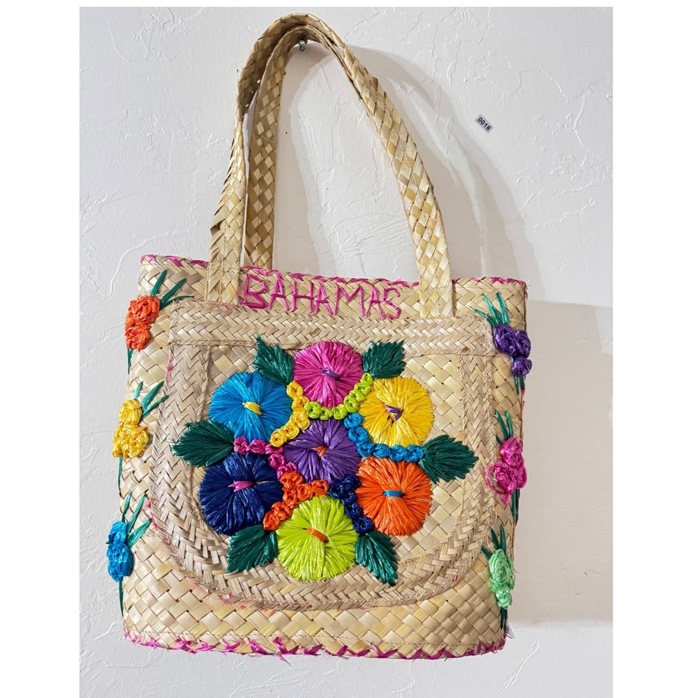 Vintage Bahamas Woven Straw Tote Bag Floral Embroidered Beach Handbag Tropical